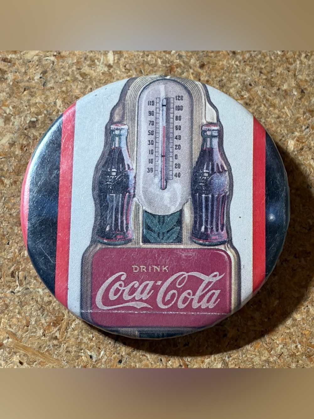 Vintage Coca-Cola Thermometer Coke Bottles Pinback Button
